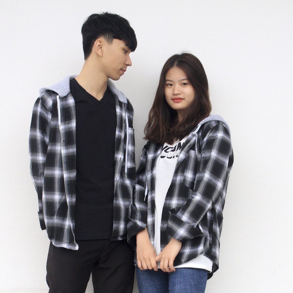 Áo Sơ Mi Cho Cả Nam Và Nữ Kẻ Caro Flannel Phối Mũ Unisex Vải Kate Hàn Đẹp Và Thoáng Mát