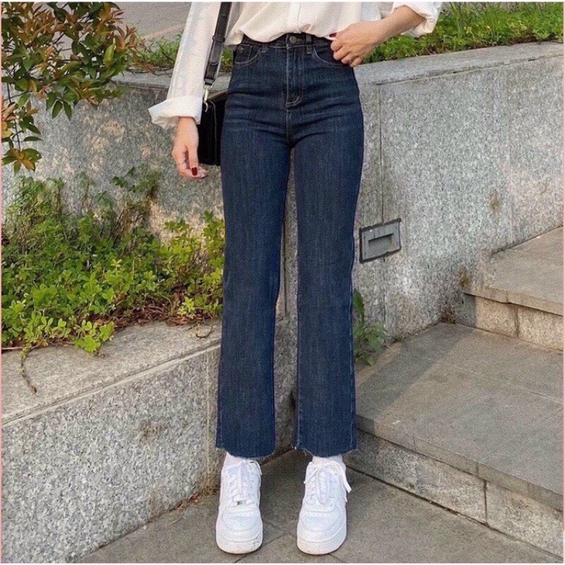 Quần bò jean ống đứng nữ co giãn 4 chiều loe jeans cạp cao Hottrend 2022