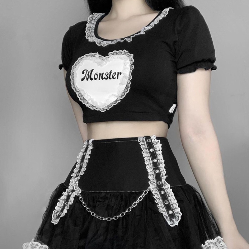 Áo Croptop Tay Phồng Ngắn In Chữ Phong Cách Gothic Thời Trang Cho Nữ