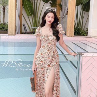 Đầm hoa nhún ngực xẻ tà