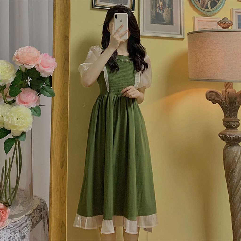 Đầm Midi Chữ A Tay Phồng Phối Lưới Màu Xanh Bơ Ngọt Ngào Phong Cách Pháp Thời Trang Cho Nữ