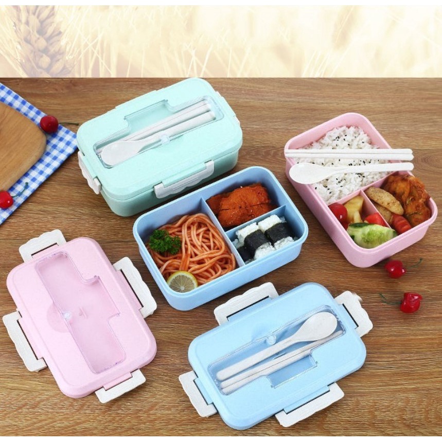 Hộp cơm văn phòng 3 ngăn kèm đũa thìa lúa mạch an toàn tiện lợi (có thể sử dụng với lò vi sóng)