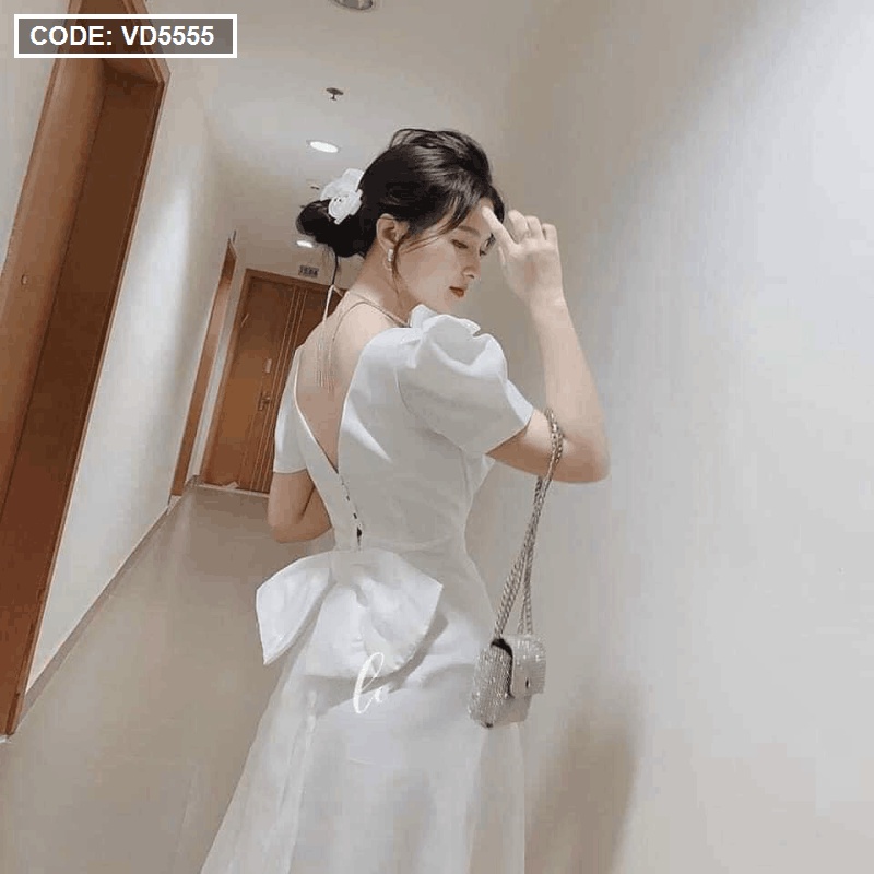 [HCM – hàng cao cấp] Mẫu đầm nữ đẹp maxi màu trắng cổ vuông nơ lưng tay bồng. | BigBuy360 - bigbuy360.vn