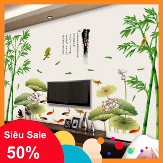 [ HÀNG CHUẨN ĐẸP ] Decal Dán Tường Kệ Tivi Cây Trúc Đầm Sen Siêu Đẹp