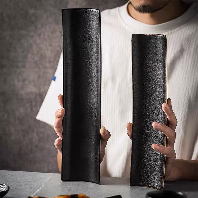 Đĩa sushi men nhám đen viền vàng chống xước p/c Bắc Âu - Đĩa sứ nhà hàng cao cấp