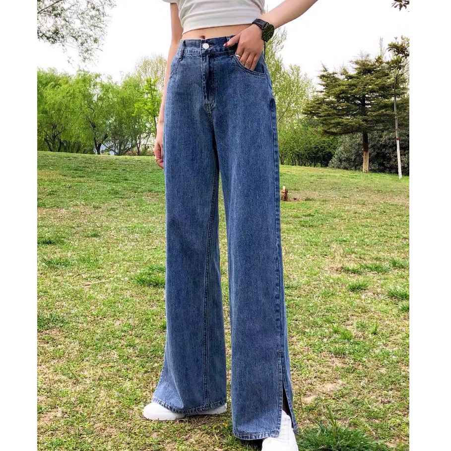 Quần Jeans Cạp Cao Ống Rộng Xẻ Gấu_j6