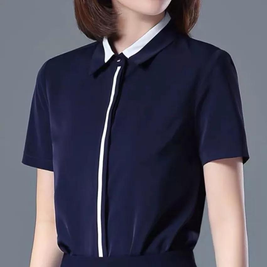 Áo Sơ Mi Nữ Công Sở Ngắn Tay Phối Viền Cổ Và Nẹp Giữa Áo Phong Cách Hàn Quốc