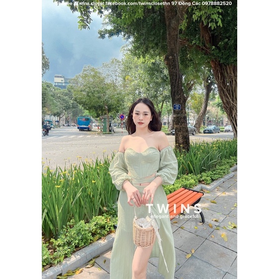 Set váy maxi trễ vai cut eo set rời có lót quần (Maya baby green set)