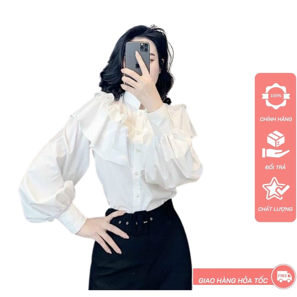 Áo kiểu nữ đẹp tay dài tiểu thư bánh bèo hàn quốc màu trắng xếp ly dáng sơ mi tay phồng sexy Liao fashion