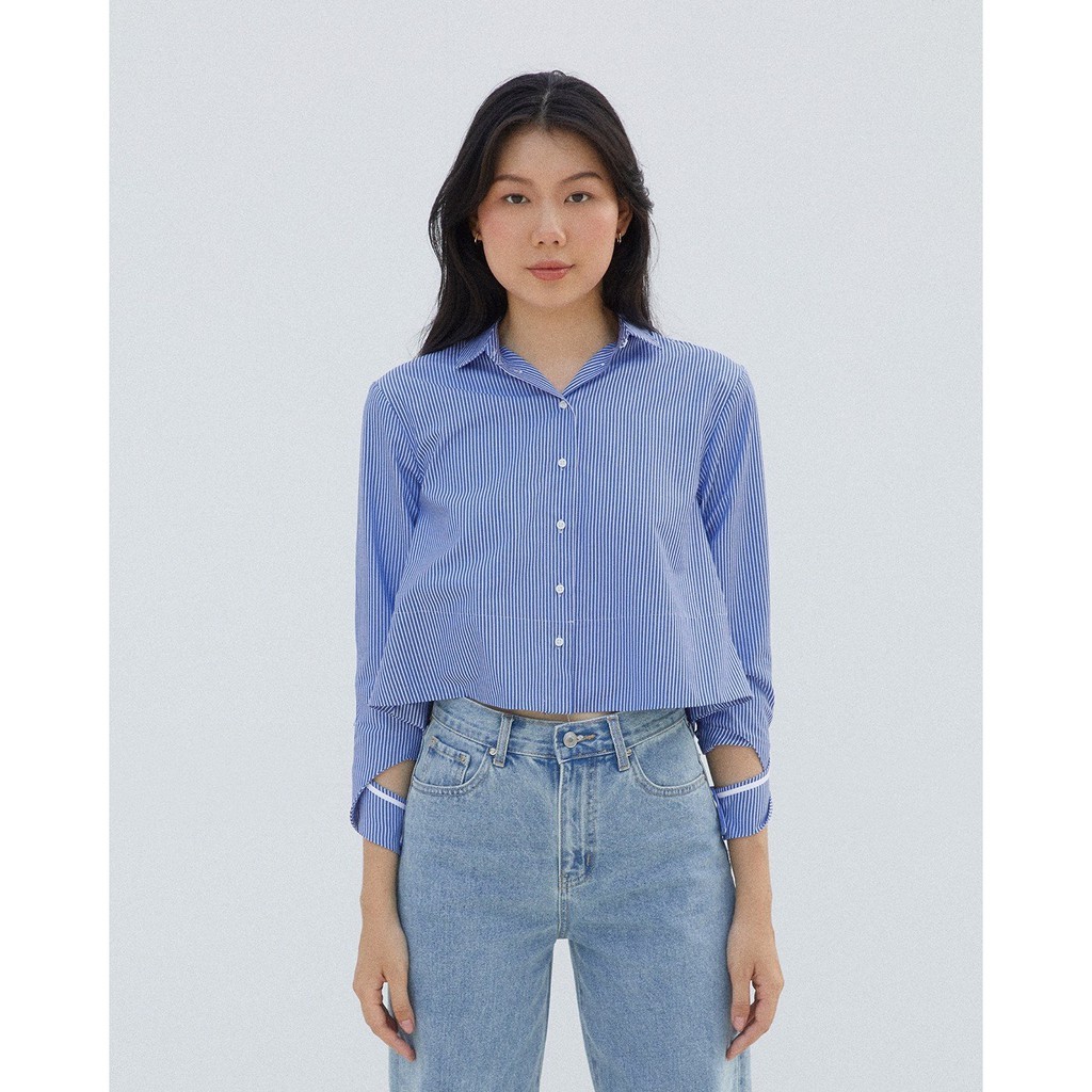 TheBlueTshirt - Áo Sơ Mi CropTop Sọc Xanh - Twisted Cuff Cropped Shirt - Blue Stripe