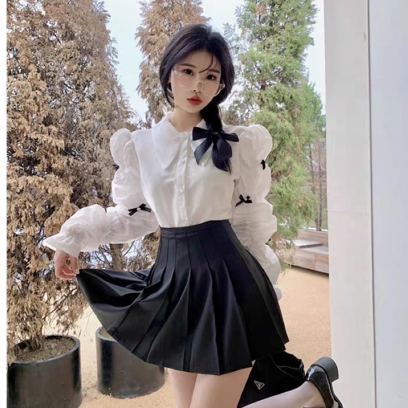 SẴN🖤Áo kiểu ulzzang tay bồng xinh xắn|Áo sơ mi nữ cổ cột nơ bo chun tiểu thư