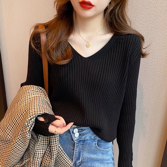 Áo len ZHELIHANGFEI tay dài cổ chữ V dễ phối đồ tùy chọn màu sắc