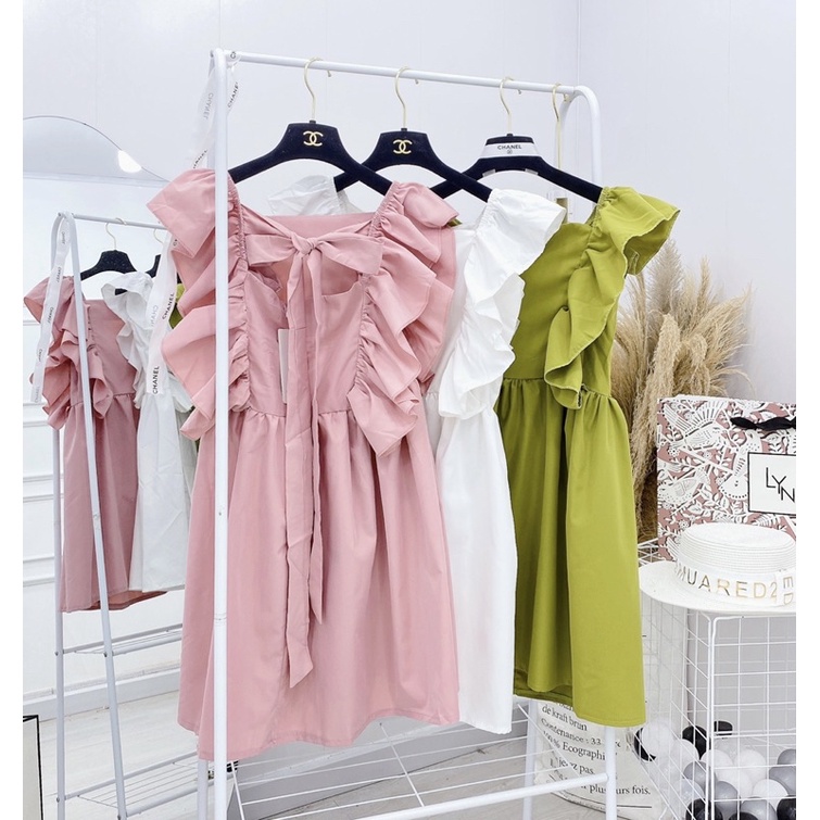 Váy cánh tiên buộc nơ sau chiết eo chất thô trượt