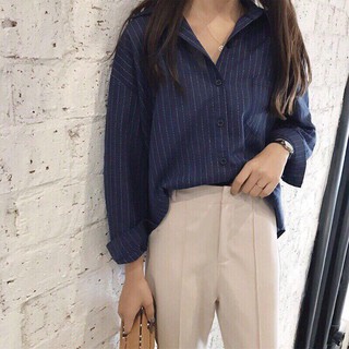 Sơ mi sọc nền xanh navy form oversize