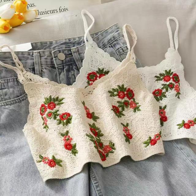 Áo croptop dệt kim không tay thêu họa tiết hoa lá phong cách Bohemian thời trang mùa hè cho nữ đồ bơi nữ áo tắm