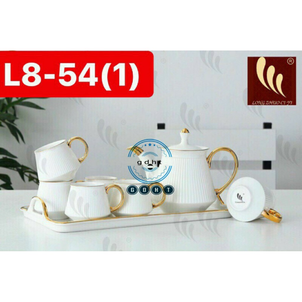 Bộ bình cốc kèm khay sứ có sọc màu trắng , màu xanh cao cấp
