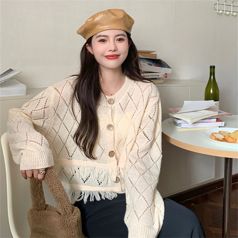 Áo Khoác Cardigan Dệt Kim Phối Tua Rua Thời Trang Mùa Thu Thanh Lịch