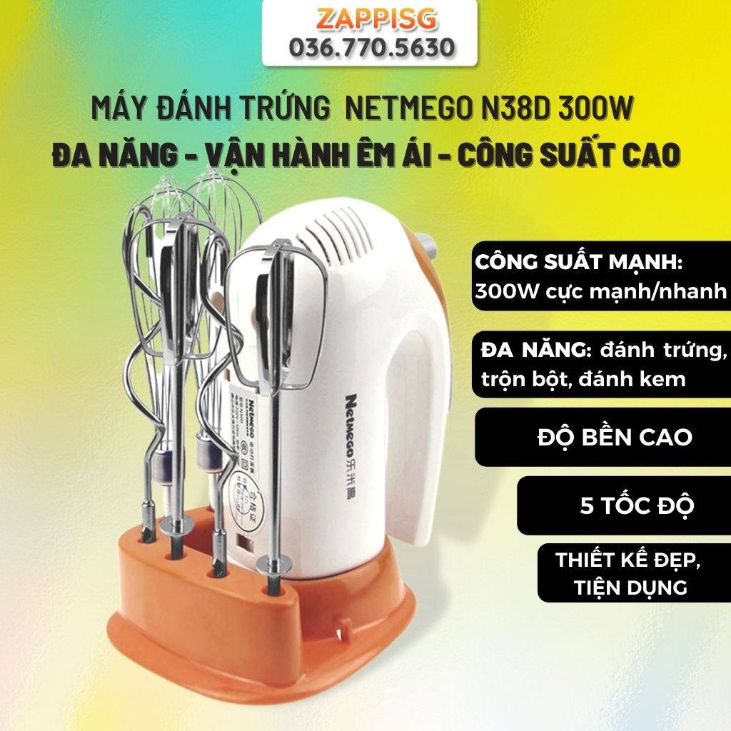 Máy đánh trứng cầm tay, Máy Đánh Trứng Netmego N38D-534 300W. Máy Đánh Trứng Nhào Bột Cầm Tay Đa năng Netmego N38D-534