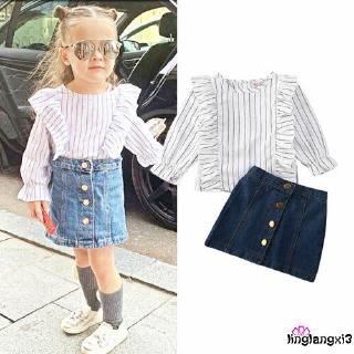 Set áo thun sọc ngang + chân váy jean xanh cho bé gái
