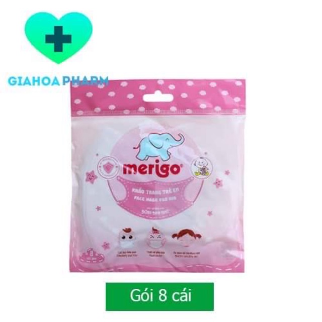 Khẩu trang trẻ em Merigo Bông Bạch Tuyết gói 8 cái - Ôm sát, vừa khuôn mặt, kháng khuẩn, chống khói bụi, bẩn, vi khuẩn