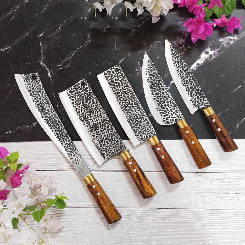 Dao bếp BỘ 5 dao nhà bếp cao cấp làm 100% từ nhíp xe ô tô cán gỗ cẩm chỉ cực kì chắc chắn