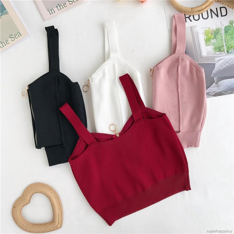 Áo len hai dây cổ chữ V phối khóa kéo phong cách trẻ trung dành cho nữ