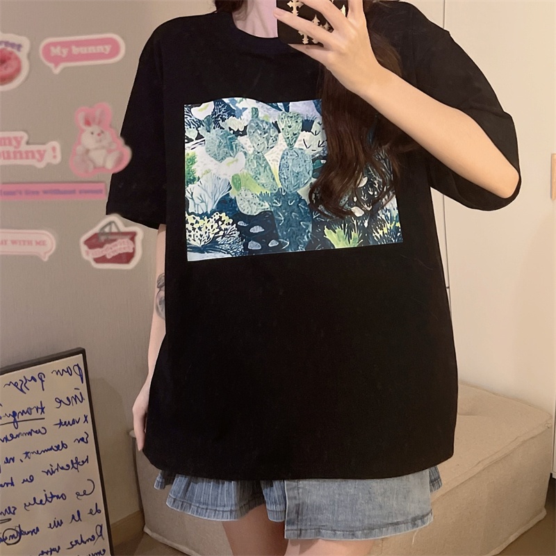 Áo thun SUXI tay ngắn cổ tròn dáng rộng in họa tiết đơn giản thời trang mùa hè cho nữ