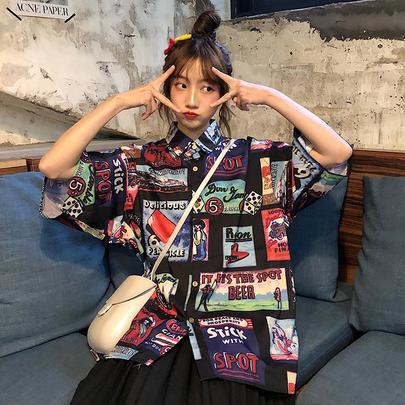 Áo sơ mi dáng rộng hoạ tiết in phong cách vintage Xiaozhainv | BigBuy360 - bigbuy360.vn