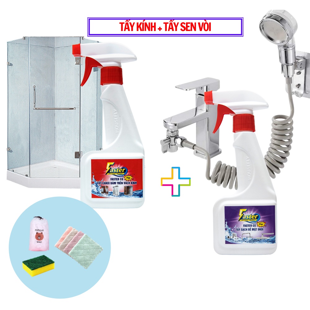 [TIẾT KIỆM 25K] Combo NướcTẩy Cặn Canxi Kính Nhà Tắm &amp; Tẩy Inox Nhà Tắm Rỉ Sét, Tẩy Cặn Canxi Inox Faster 350ml