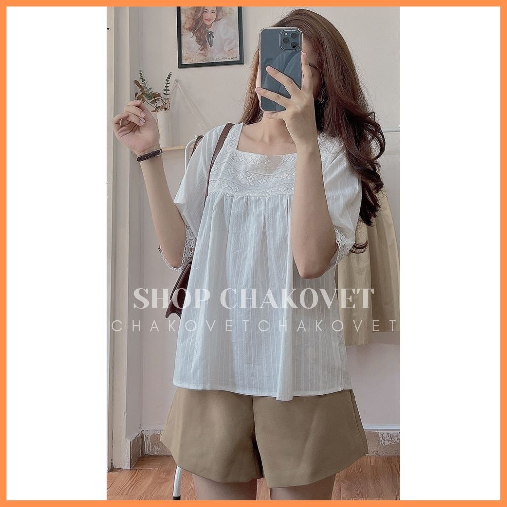 Áo sơ mi nữ cộc tay A829 kiểu cổ vuông phối họa tiết thêu mặc đẹp thoáng mát dáng xinh phù hợp đi làm đi học đi chơi