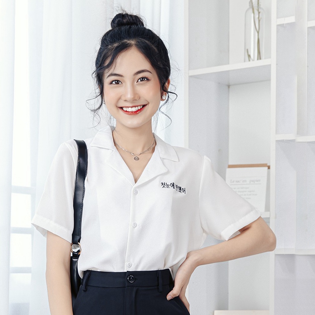 Áo sơ mi nữ tay ngắn GINDY cổ vest thêu chữ dáng basic trơn thời trang sơmi công sở, sơmi học sinh A029