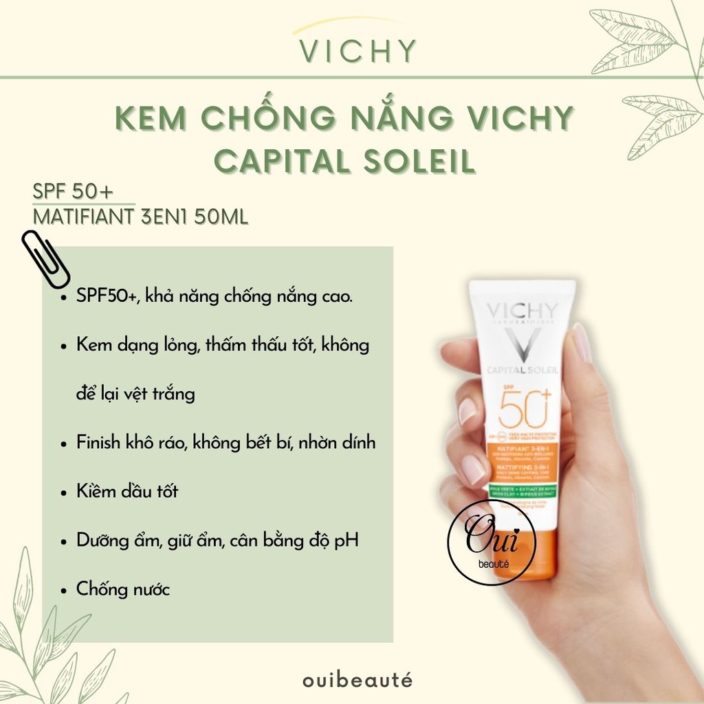 Kem chống nắng Vichy Capital Soleil SPF 50+ Matifiant 3en1 50ml, kem chống nắng kiềm dầu chống bụi mịn Ouibeaute