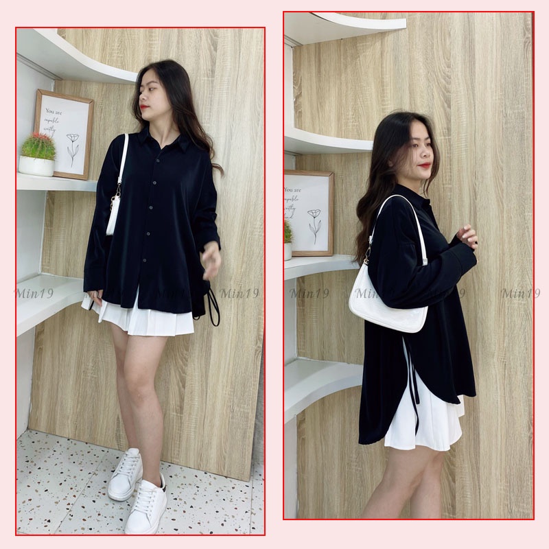 Áo Sơ Mi Nữ Tay Phồng Phối Nơ Hàn Quốc Bánh Bèo Tiểu Thư Kiểu Công Sở Tay Dài Bigsize Form Rộng Màu Trắng Đen Xanh Nâu