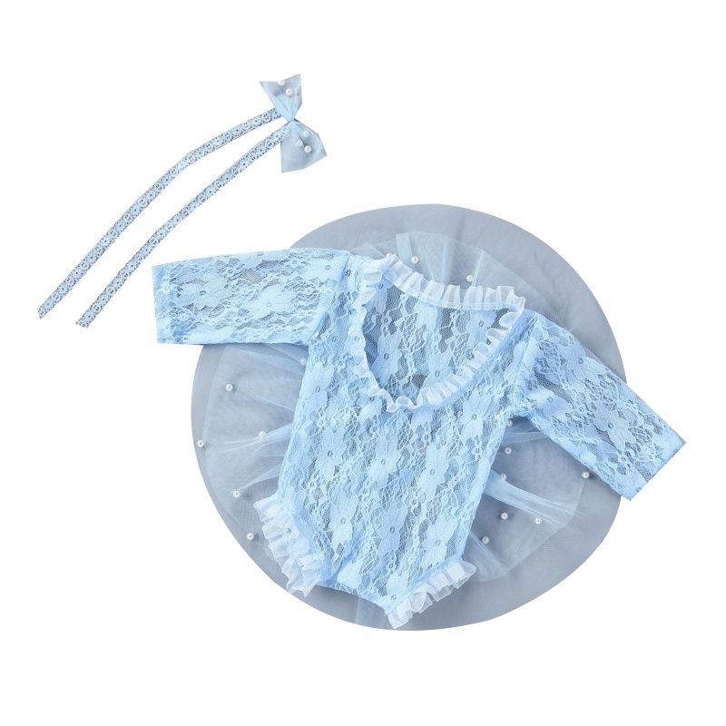 Set 3 Phụ Kiện Chụp Ảnh Gồm Áo Liền Quần + Băng Cài Đầu Phối Ren Cho Bé Sơ Sinh