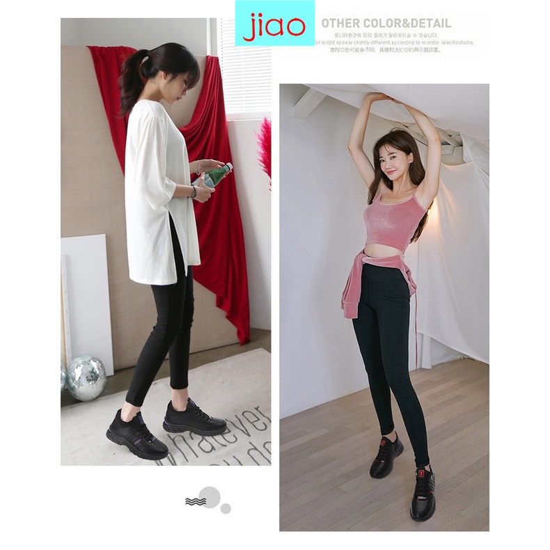 Giày thể thao bằng da mềm chống trượt chống thấm nước màu đen thoải mái thời trang cho nữ