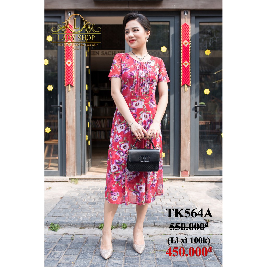 Đầm trung niên đầm Quý bà cao cấp Ladyshop Đầm xòe thun lưới ngực xếp ly dập đá pha lê TK564