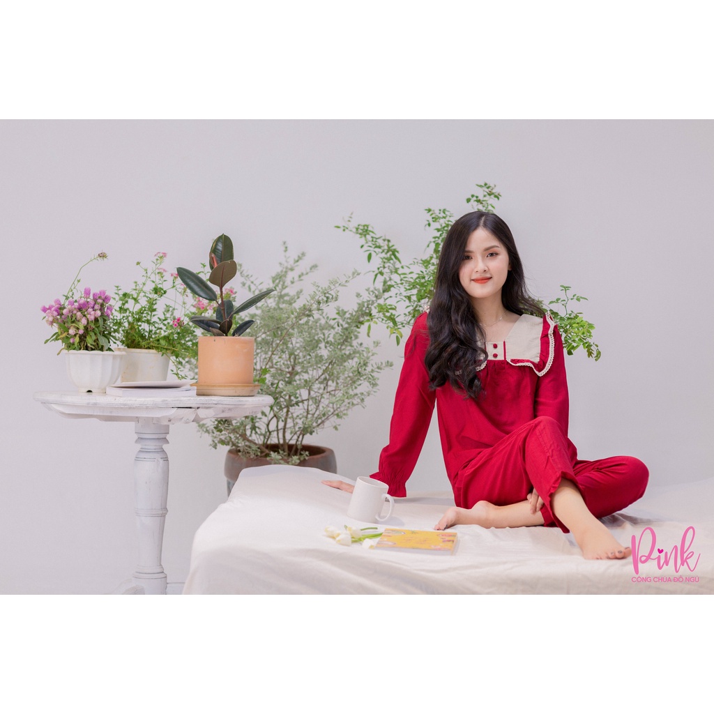 Bộ Đồ Ngủ Pijama Dài Tay Pinksleepwear Quần Dài Vải Đũi Cao Cấp Thoáng Mát Bộ Ngủ Nữ Phong Cách Tiểu Thư Hàn Quốc
