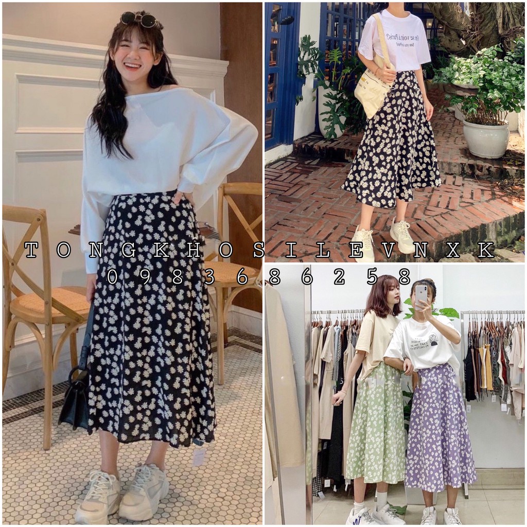 CHÂN VÁY MIDI HOA NHÍ VINTAGE ULZZANG STYLE - CHÂN VÁY HOA CÚC HỌA MI TÍM ĐEN XANH HOT