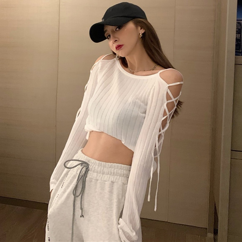 QKOOLE  Áo Dệt Kim Tay Dài Hở Vai Màu Sắc Trơn Phong Cách Hàn Quốc Dành Cho Nữ áo khoác áo croptop