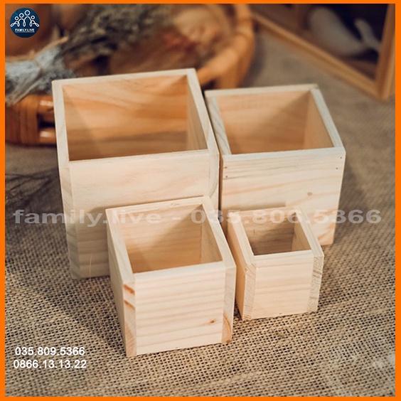 Chậu gỗ vuông, hộp gỗ vuông - gỗ thông tự nhiên dùng để trồng cây, đựng đồ để bàn cực xinh xắn