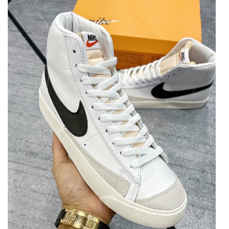 Giày Thể Thao Nike Blazer Mid 77 Vintage  White Black, Giày Sneaker Nam Nữ Blaze Cổ Cao Đen Trắng Full Bill Box