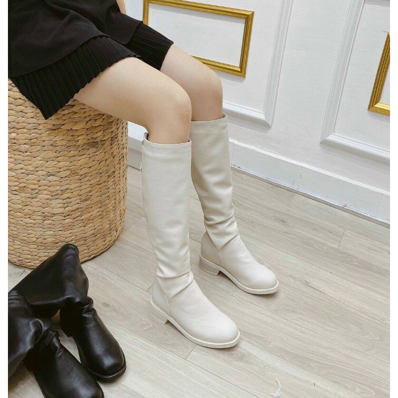 boot đùi gót 2cm đen kem da mịn