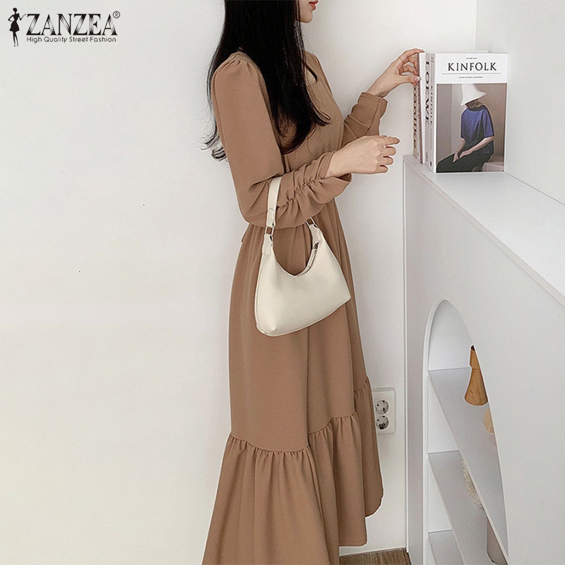 Váy maxi ZANZEA cổ vuông tay dài eo cao phối dây buộc phong cách Hàn Quốc thời trang đường phố cho nữ