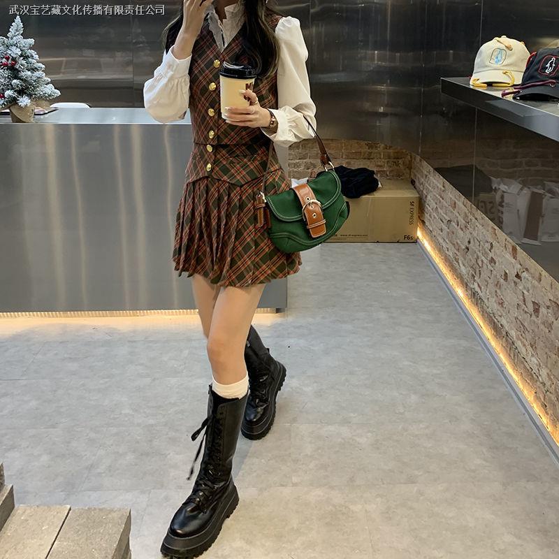 Set áo sơ mi cổ chữ v dài tay + áo vest + chân váy thời trang xuân thu phong cách retro cho nữ 2021