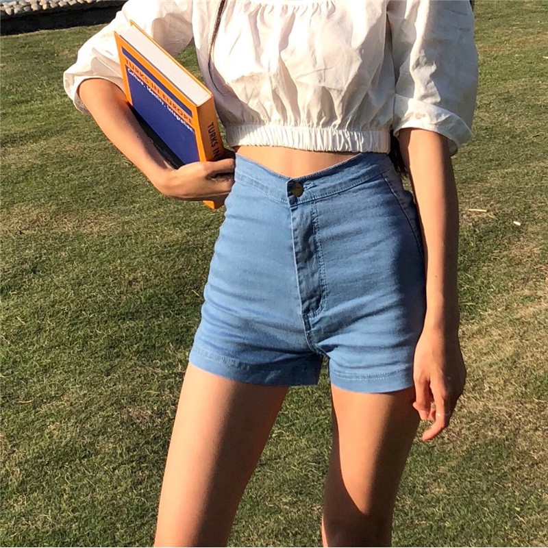 IELGY    Quần Short denim Lưng Cao Co Giãn Màu Sắc Đơn Giản Dành Cho Nữ