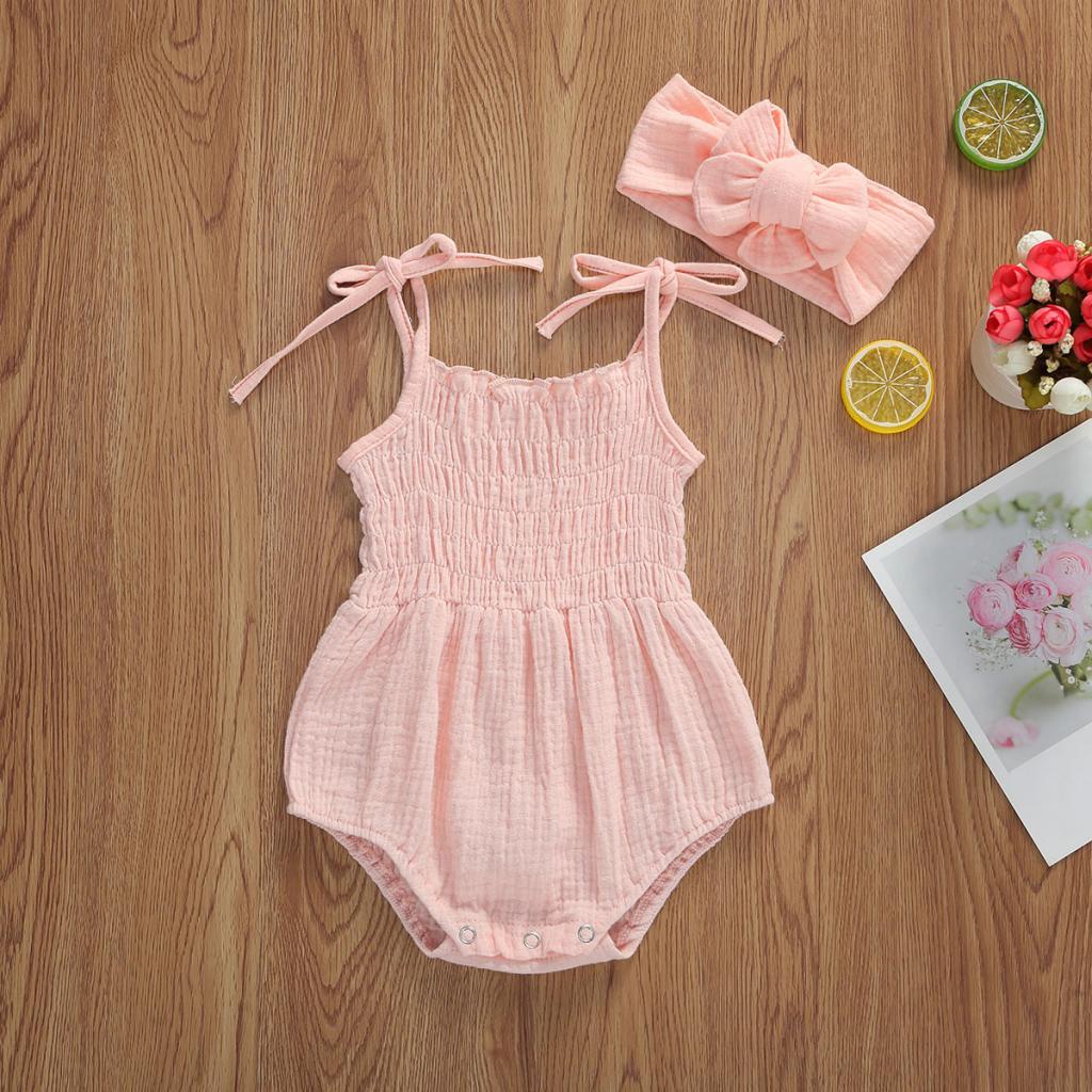 Bộ Áo Liền Quần Hai Dây Phối Bèo Màu Sắc Trơn Kèm Băng Đô Cài Tóc Xinh Xắn Cho Bé Gái