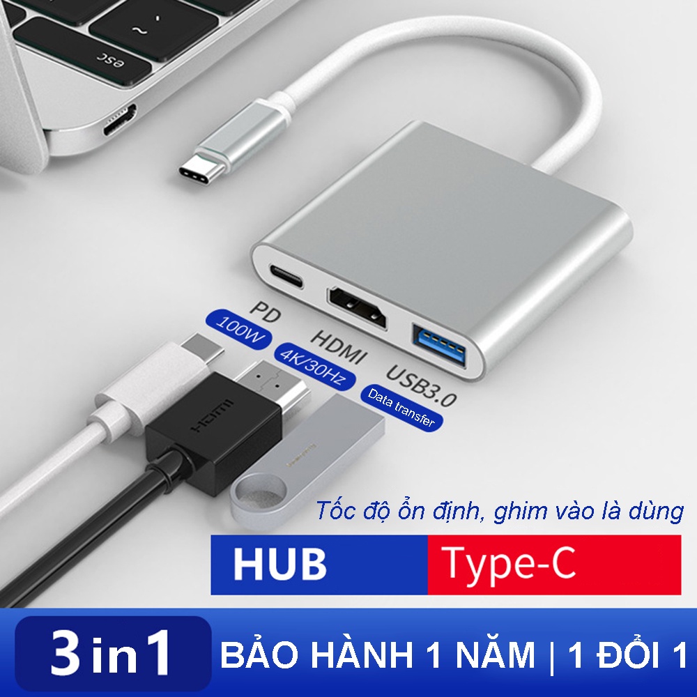 BỘ CHUYỂN ĐỔI HUB 3 TRONG 1 TYPE C SANG USB3.0 PD HDMI HỖ TRỢ TRUYỀN VIDEO 4K, CHẤT LIỆU HỢP KIM NHÔM