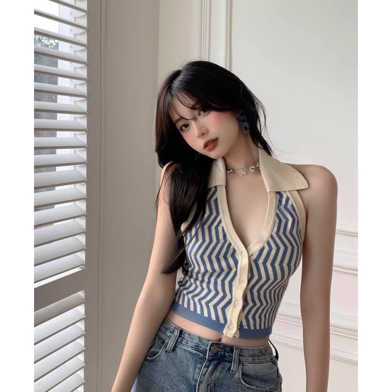 [C329] Áo crt VẰN hở lưng freesize - Áo croptop có cổ không tay họa tiết vằn hở lưng freesize cài cúc chất thun co giãn
