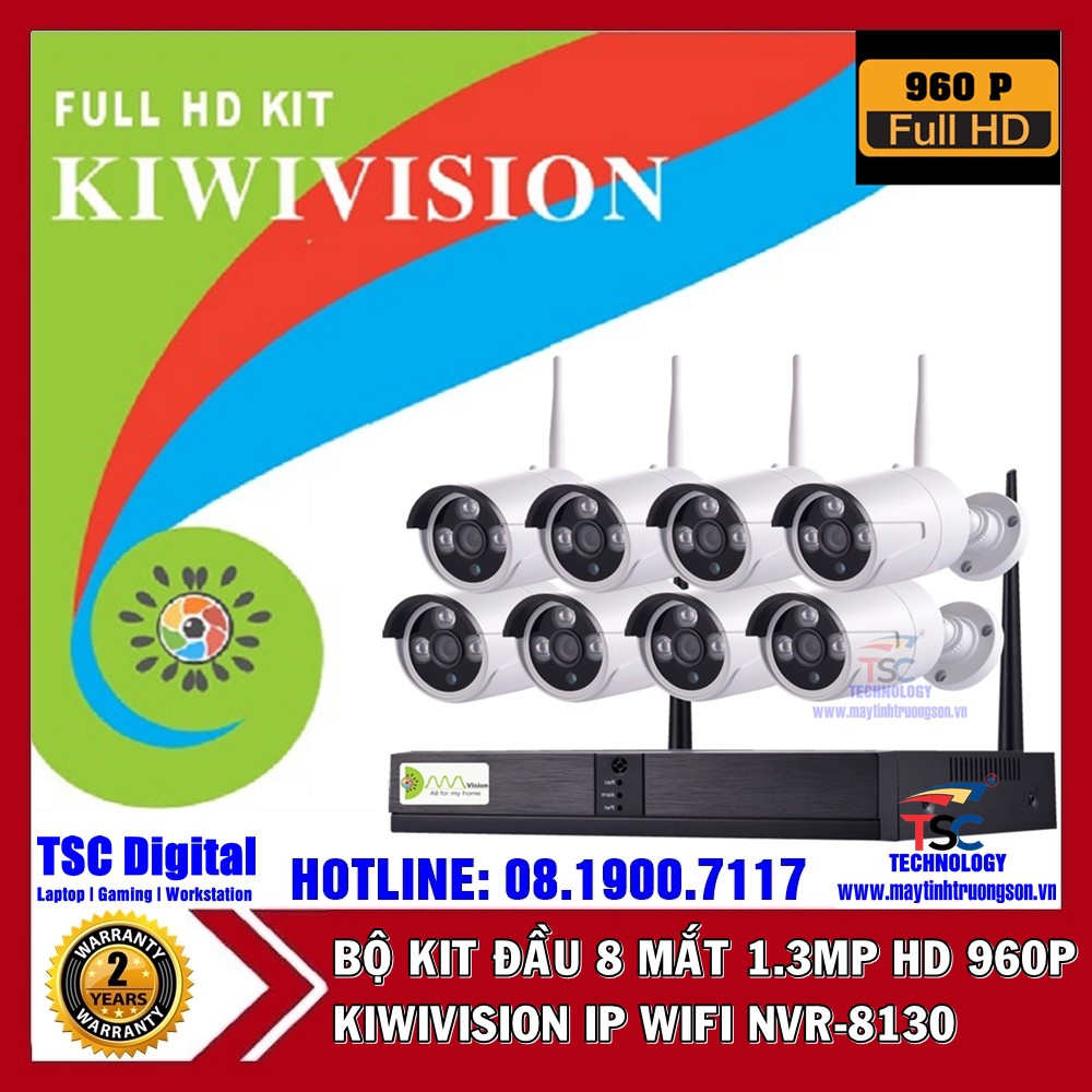 Bộ Camera KIWIVISION NVR8130 Wifi NVR Kit 8 Mắt Camera Thân Ống 1.3M HD 960P | Kèm Ổ Cứng Lưu Trữ 500GB