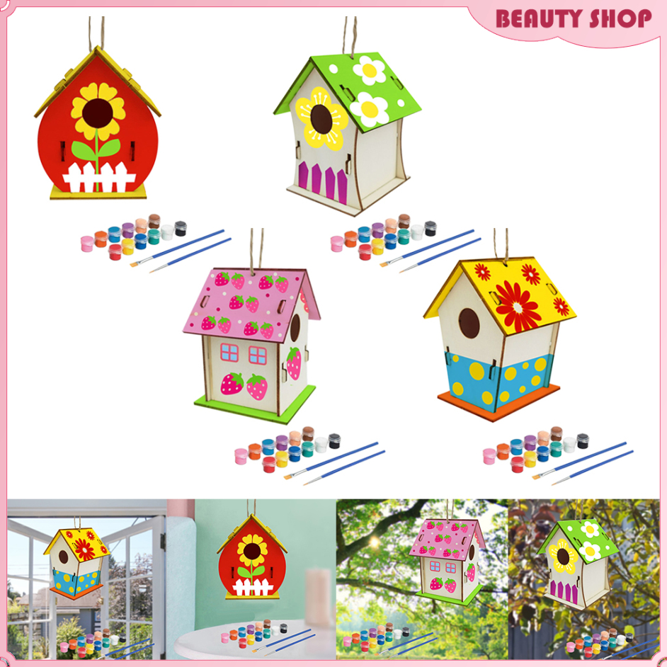 Art Craft Wood Toys 3D Painting Puzzle Bird House DIY Wooden Assembly Model Building Kits with 12 Color Pigments & Brush for Kid Educational Gifts